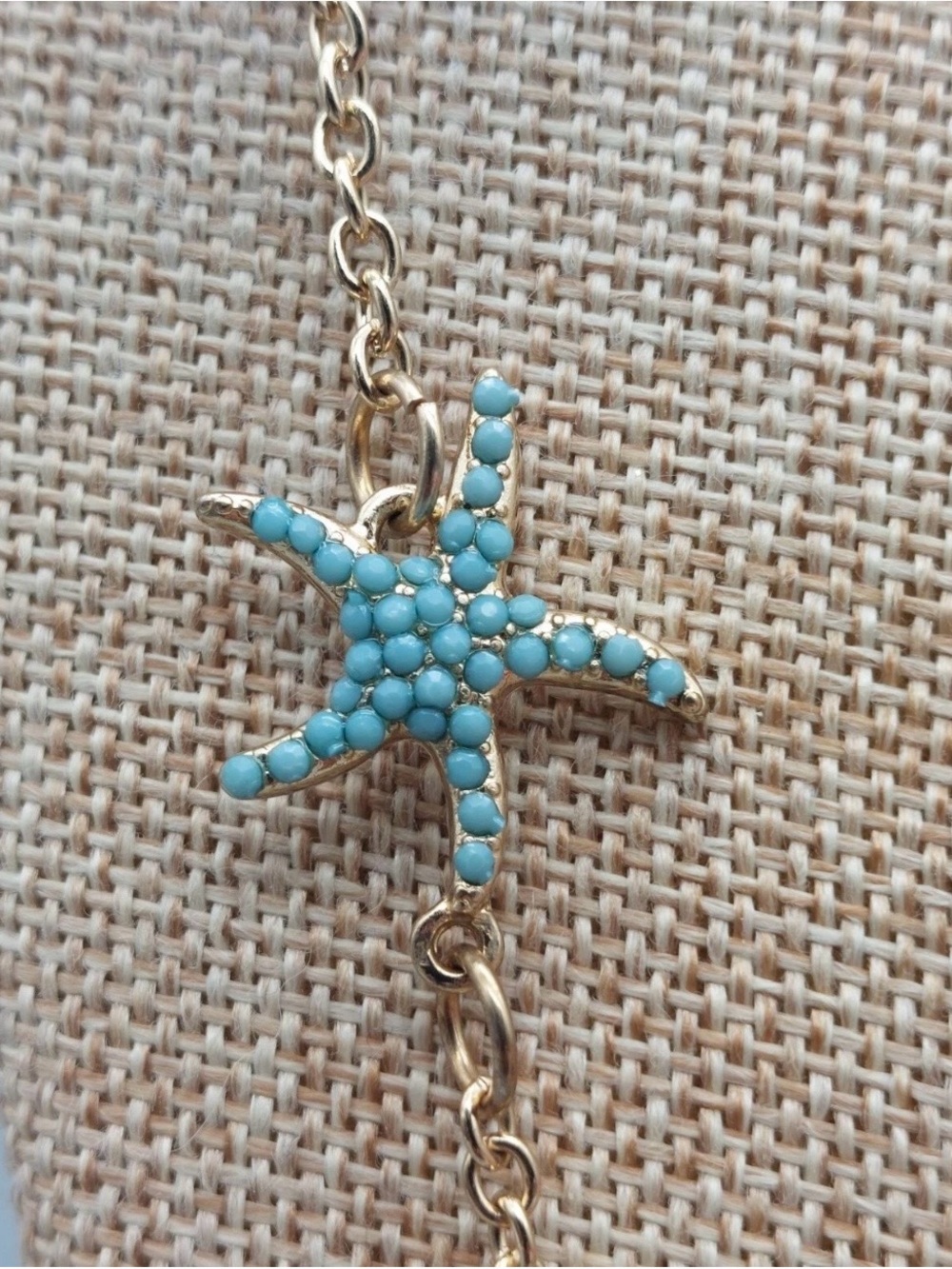 Gold Starfish Link Necklace with Pale Blue Accents - Picture 7 of 7